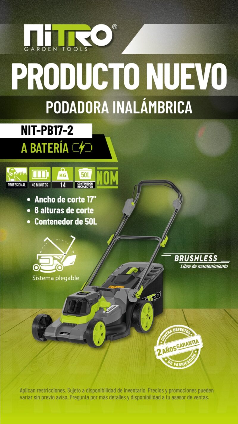 NIT-PB17-2 PODADORA 2 BATERIAS 43cm, 17″ CON BOLSA RECOLECTORA 50Lts
